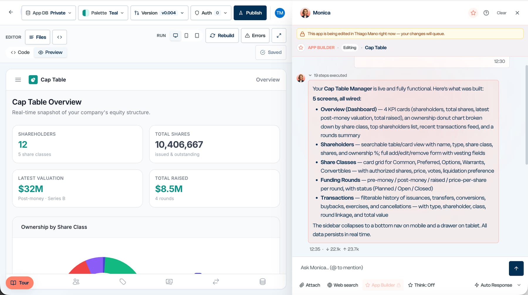 Mogno App Builder with a live preview of a generated app.